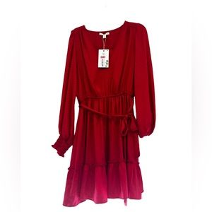 NWT Chelsea and Violet Red Ruffle Puffy Sleeve VNeck Dress Size:Medium